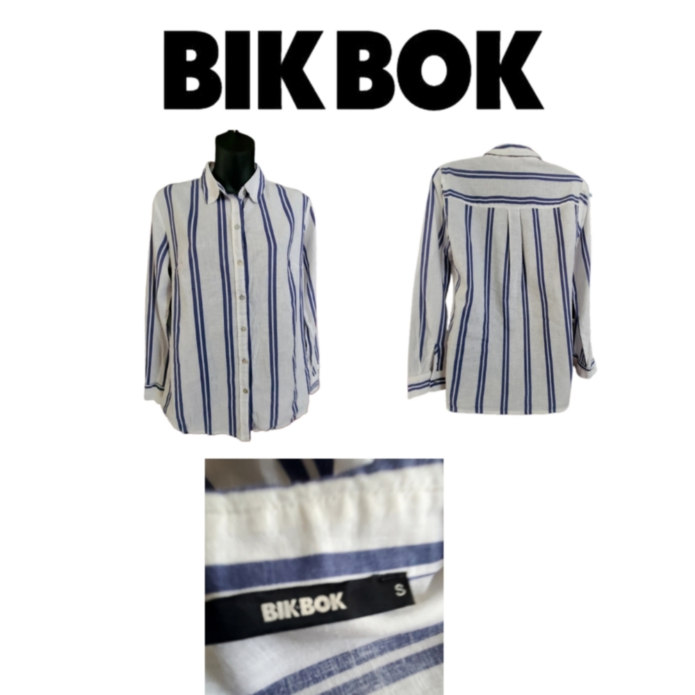 BIK BOK WHITE  WITH BLUE STRIPES COTTON/ LINEN DESIGNER SHIRT